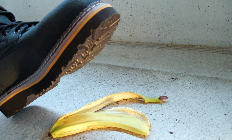 Iminent slip and fall on banana peel.