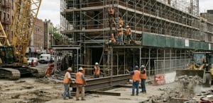 Bronx street construction site with cranes, scaffolding, workers in safety gear, and visible hazards