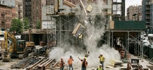 Busy Brooklyn construction site with falling debris and workers reacting to an accident