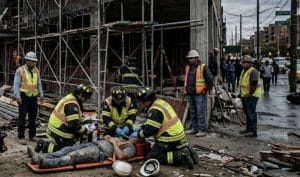 Emergency responders assisting an injured construction worker near scaffolding at a construction site in Queens
